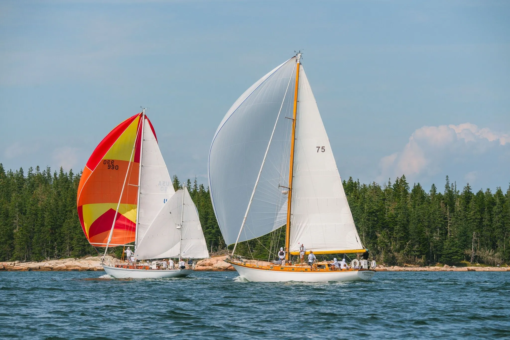 Wooden boats racing under colorful spinnakers, Eggemoggin Reach, ME