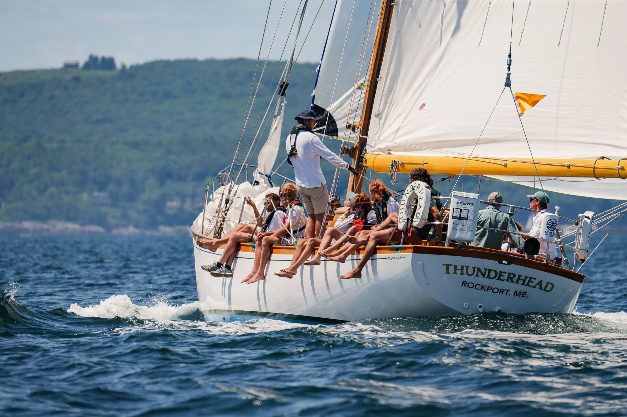 Thunderhead heeling through the chop with the Camden hills behind, Penobscot Bay, ME