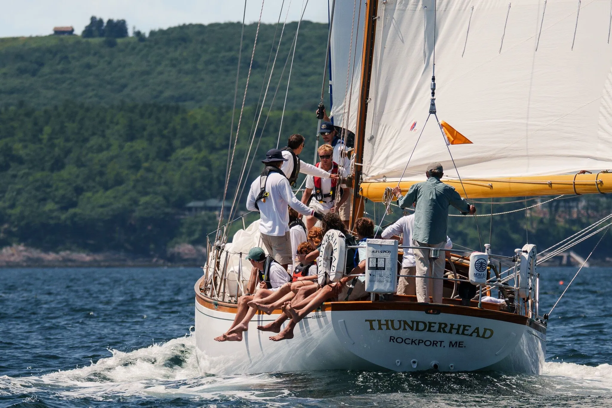 Thunderhead driving bow-on, crew stacked along the windward rail, Penobscot Bay, ME